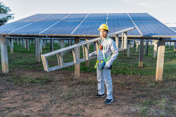 Maintenance engineer on duty cary step ladder stand portrait look camera ready to work at solar farm