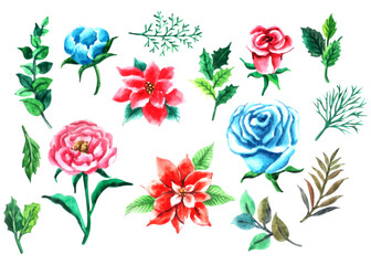 Christmas Watercolor Poinsettia Clipart, Watercolor Burgundy Floral Rose Clipart