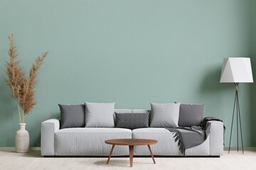 big white living room.interior design,grey sofa,lamp,wooden table,carpet, green wall for mock up and copy space.