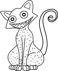  Kawaii coloring page. Mystic. The cat is sitting on the skull. Halloween. Black and white illustration.