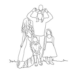 Continuous line drawing of mother, father and childs. Happy family of five on white background