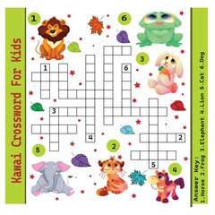 Naklejka premium Crossword game for kids, find the fruits name, puzzle game in Vector for Children Activity Book page. New style layout of Crossword game page for kids.