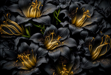 multi color blooming lilly flowers. nature background. branches with flowers and leaves, buds. Generative AI