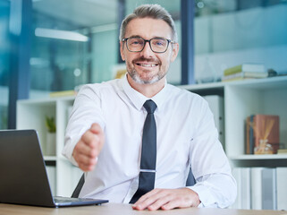 Businessman, handshake and portrait smile for welcome, greeting or introduction at office. Happy senior employee accountant with laptop and hand gesture for shaking hands, deal or agreement