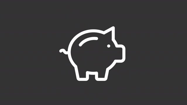 Animated savings white line ui icon. Piggy bank and coin. Seamless loop HD video with alpha channel on transparent background. Isolated user interface symbol motion graphic design for night mode