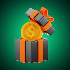 Premium finance dollar coin gift box icon 3d rendering on isolated background