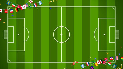 Top view of soccer field background with flags garland of different countries vector illustration. Football pitch © Farosofa