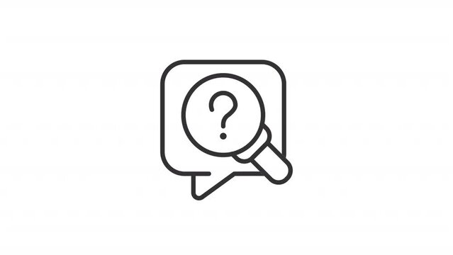 Animated research linear icon. Looking for information. Question mark and magnifying glass. Seamless loop HD video with alpha channel on transparent background. Outline motion graphic animation