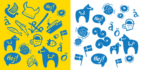 Vector Illustration with Symbols of Sweden on white background and yellow background with blue. Swedish culture, Vikings, Fika and Midsummer - obrazy, fototapety, plakaty
