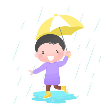 Cute little boy kid play wear raincoat with Umbrella running in rain
