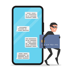 Internet scammer or hacker steals money from a bank card through a phone. Corruption, cyber attack, web fraud, bank security issue. Flat style, vector.