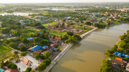 Aerial view of Wat Chaiwatthanaram, famous ruin temple near the Chao Phraya river in Ayutthaya, Thailand