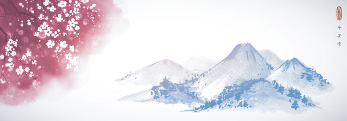 Landscape with blooming pink sakura tree and far blue mountain range. Traditional oriental ink painting sumi-e, u-sin, go-hua. Hieroglyphs - peace, tranquility, clarity. © elinacious