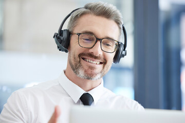 Call center, customer support and senior man talking to client in telemarketing, friendly service...