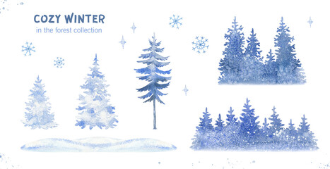 Watercolor hand-painted pine trees in blue tones. Silhouettes of winter trees. Christmas design, cold winter, snow drifts, snowflakes.
