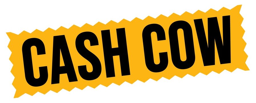 CASH COW text written on orange-black zig-zag stamp.