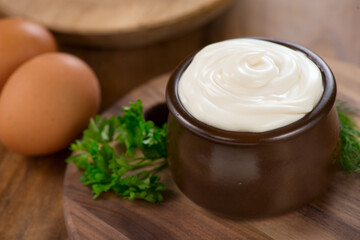 Mayonnaise. Homemade healthy mayonnaise sauce, soft cream. Healthy food ingredients. 