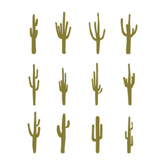 Collection of green silhouettes of cactus. Set of cactus plants