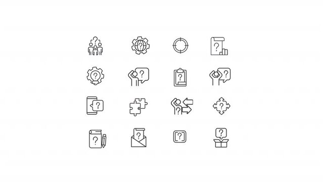 Animated question linear icons. Communication process. Decision making. Solve problems. Seamless loop HD video with alpha channel on transparent background. Outline motion graphic animation set