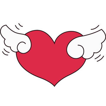 Heart with wings cartoon vector illustration. heart fly with angel wings in doodle style. hand drawn cute heart for decorating the wedding card for valentine's day and love concept.