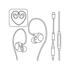 ear earphone set, speaker and cable with wire connect line art vector.
