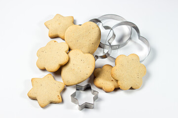 Shortbread cookies with steel molds on a white background. homemade baking