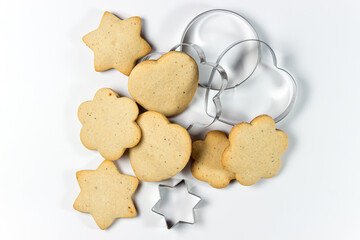 Shortbread cookies with steel molds on a white background. homemade baking