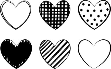 Set hand drawn hearts black and white vector illustration