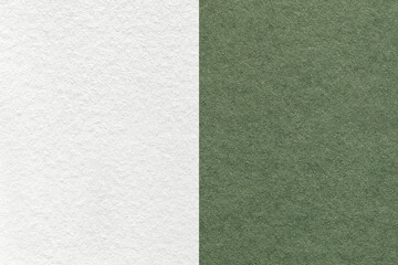 Texture of craft white and green paper background, half two colors, macro. Structure of vintage...