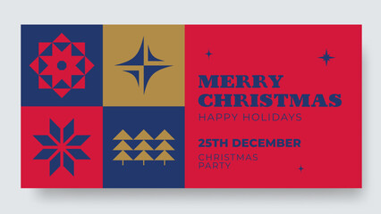 Merry Christmas invitation vintage card. Blue and red Xmas invite with geometric decoration.