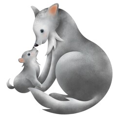 Baby wolf hug mom. Cute animal illustration in soft colors and hand drawn style isolated on white.