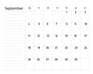 Organizer, planner for the month of September 2023, vector.