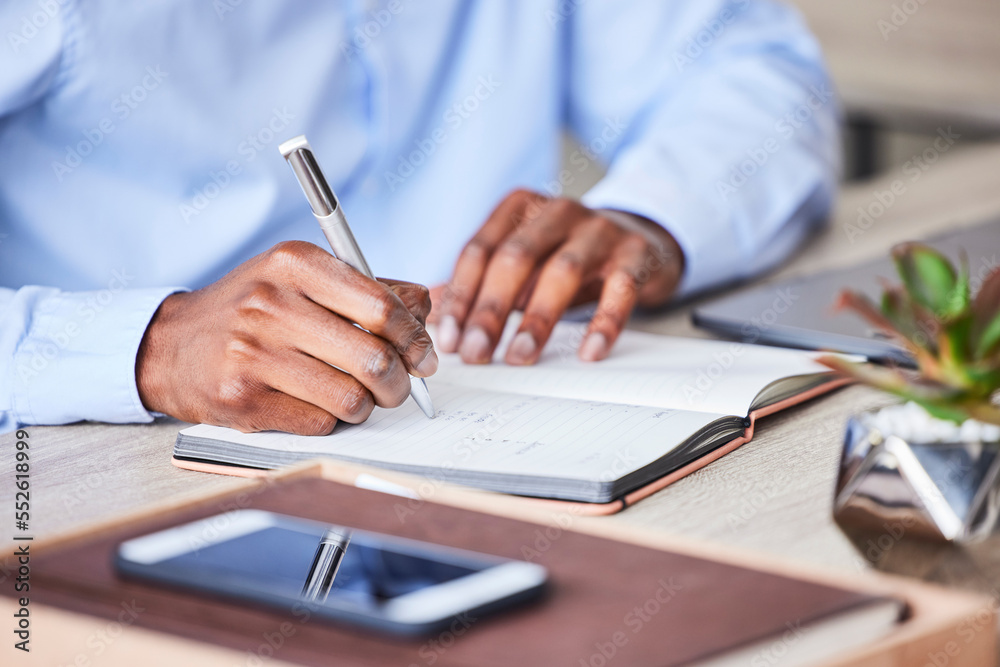 Poster business, man and writing in a notebook to plan a corporate strategy and ideas for development. book