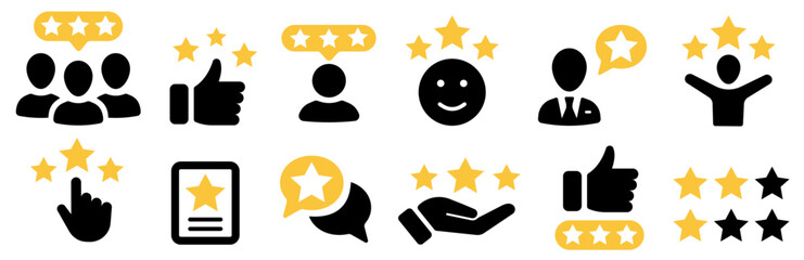 5 stars positive review. Rate icons set. Feedback icon collection. Concept of best ranking. Customer review. Good result. Star, envelope, smiling emoji, like thumb up and speech bubble.
