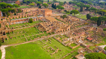 Aerial view on the Excavations road of Ostia Antica, a large archaeological site. These Roman ruins...
