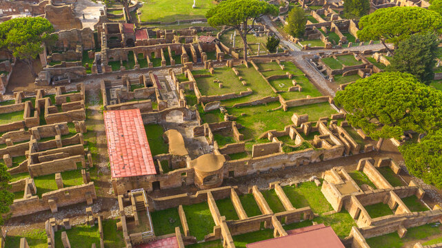 Aerial view on the house of the envious in Ostia Antica. It is so called for a mosaic at the entrance. The archaeological area is located in Rome, Italy. 