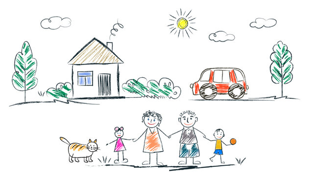 Family - little girl and boy holding hands with mother and father, house, sun, clouds, summer day. doodles are drawn by a child's hand with colored pencils on a white background.
