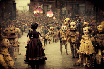 Fototapeta premium Dolls Stare at Woman - Generative AI