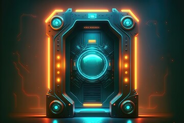 Obraz premium Abstract neon light portal, science and technology iron entrance, neon rays and lines, neon light reflection. AI