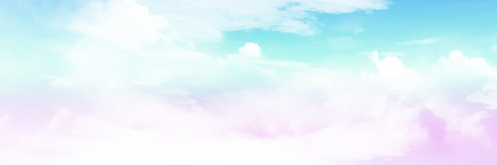 Plakat Panorama Clear blue, pink, purple sky and white cloud detail with copy space. Sky Landscape Background. Summer heaven with colorful clearing sky. Vector illustration. Sky clouds background.