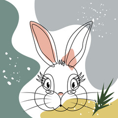 Christmas card, cover abstract modern background - Rabbit one continuous line drawing and flowing shapes of traditional New Year colors.