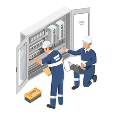 plc controller machine system box  technicians engineering checking service maintenance programmable logic controller in factory and production line isometric isolated - obrazy, fototapety, plakaty