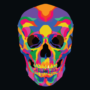 Bright graffiti illustration of skull on black background. Skull image in grunge artistic technique with vibrant colors. Vector art.