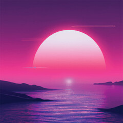 Retro background futuristic landscape 1980s style. Digital retro landscape cyber surface. Retro music album cover template : sun, space, mountains . 80s Retro Sci-Fi Background Summer Landscape.
