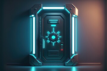 Abstract neon light portal, science and technology iron entrance, neon rays and lines, neon light reflection. AI