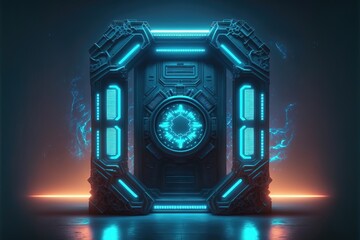 Naklejka premium Abstract neon light portal, science and technology iron entrance, neon rays and lines, neon light reflection. AI