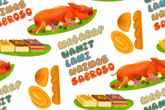 Filipino fiesta illustrated pattern with lechon roasted pig, breads, sapin-sapin, and lettering of the word "Masarap" in different Filipino languages