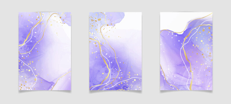 Violet cyan blue liquid watercolor background with golden stains. Teal mauve purple marble alcohol ink drawing effect. Vector illustration design template for wedding invitation, menu, rsvp