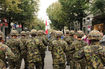 Swiss soldier parade at the Swiss National Day Parade in Zürich-City