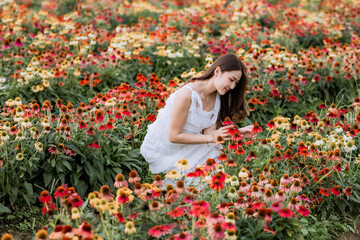 Naklejka premium Beautiful young woman in white dress in flower garden at Chiang Mai, Thailand